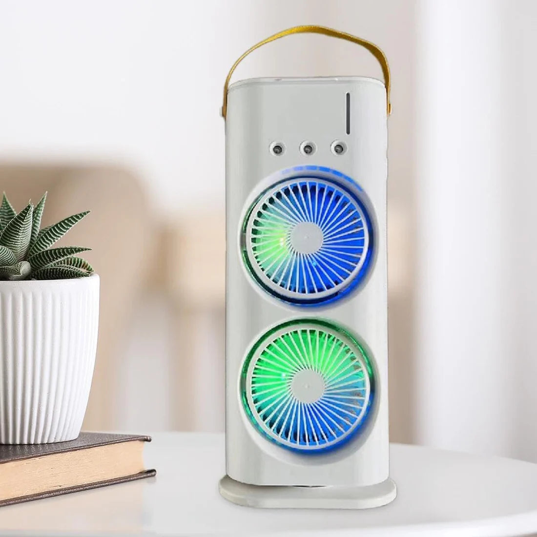Portable Mini Double Fan Air Cooler With Mist Humidifier And Led Lighting Rechargeable ( Random Color )